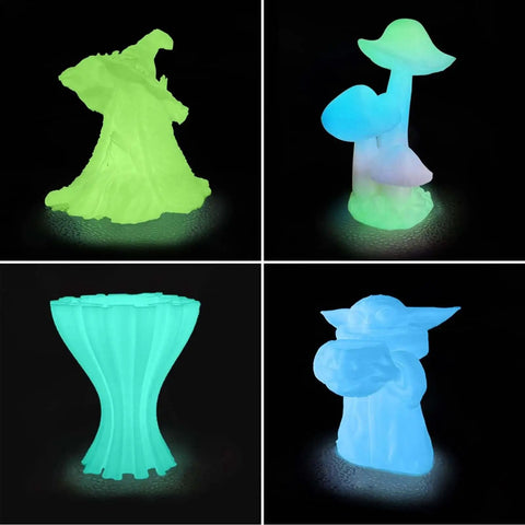 3D printed objects glowing in dark colors green, blue, teal using Glow In The Dark Multicolor PLA Filament Bundle 1.75mm 4 Pack 250g Each.
