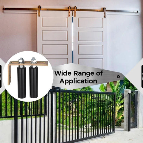 6-Inch Universal Nylon Gate Roller With L-Shape Bracket for sliding gates and barn doors, shown in black hardware installation.
