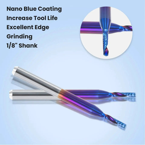 Two O Flute CNC Router Bits Ten Pack End Mills For Engraving And Milling With One Eighth Inch Shank. Nano blue coating visible.