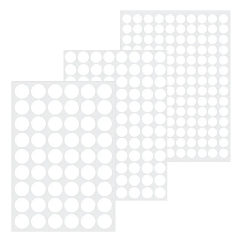 Sheets of white screw hole cover set including 290 pieces in three sizes 12mm, 15mm, and 21mm self adhesive PVC caps for furniture and woodwork.