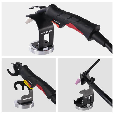 MIG Welding Torch Holder With Magnetic Base For Secure Hands Free Torch Positioning On MIG Gun, shown on steel surface