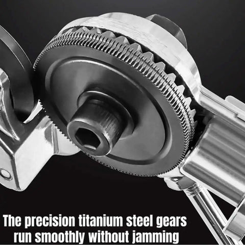 Close-up of High-Power Drill Nibbler titanium-plated head, showing precision gears for sheet metal cutting, includes adapter for iron