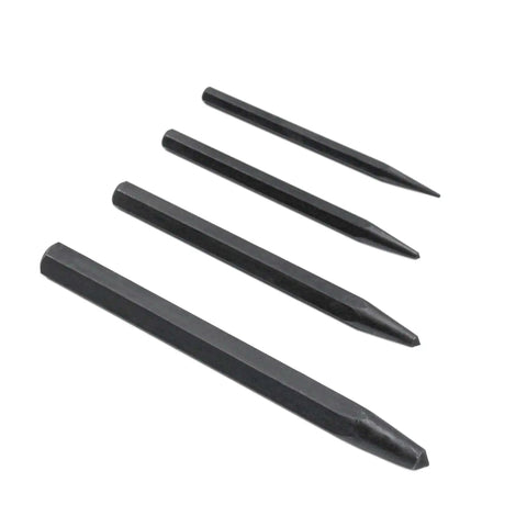 Center Punch Kit Four Piece Set For Metal Marking Built Tough From Hardened Steel With Heavy Duty Construction and Multiple Tip Sizes.