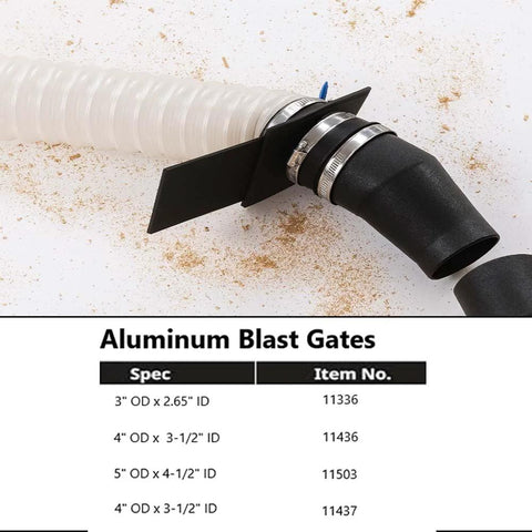 4-inch aluminum blast gate for vacuum/dust collector with flexible duct connection and hose clamp