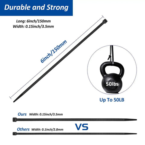Heavy Duty Self Adhesive Cable Zip Tie Mount Kit With Fifty Sets Of Three Quarter Inch Mounts And Fifty Zip Ties Of Six Inch Length Nylon For Outdoor Wire Organization No Fuss Easy Install Black shown supporting 50 lbs weight.