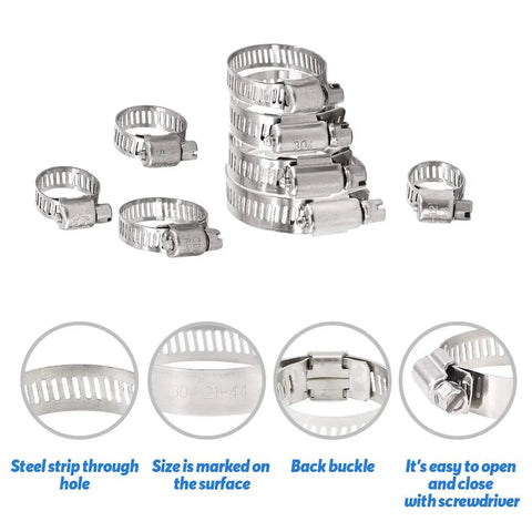 Versatile 65 Piece Set 304 Stainless Steel Adjustable 8 To 44mm Worm Gear Hose Clamp Set with close-up details of clamps