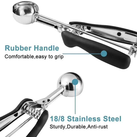 Close-up of triple cookie scoop set with 1 tbsp, 2 tbsp, and 3 tbsp sizes, 18/8 stainless steel, non-slip rubber grip handle.