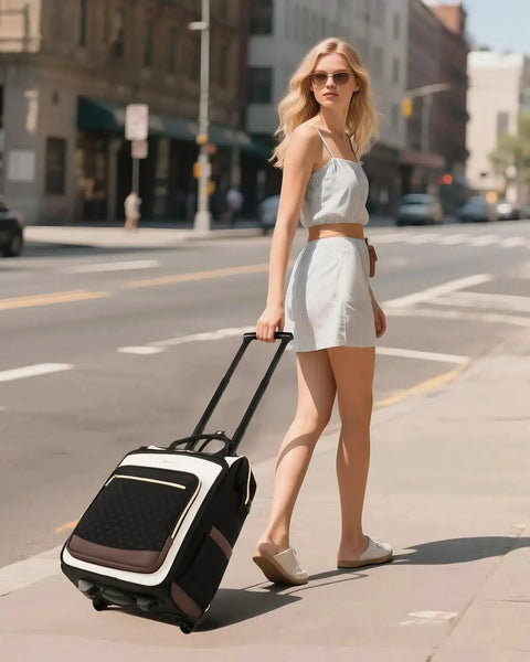 Woman walking on street with Sleek Rolling Laptop Backpack For Women With Wheels, 2 In 1 Vertical And Horizontal Storage