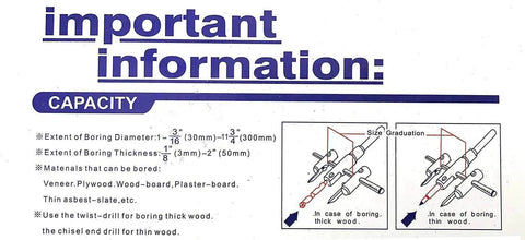 Diagram showing usage instructions for an adjustable hole saw cutter, including diameter, thickness, and materials for use.