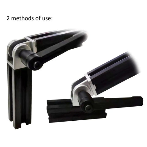 Two 4 Piece Black 2020 Aluminum Extrusion Pivot Hinge Swivel Angle Brackets in different use positions