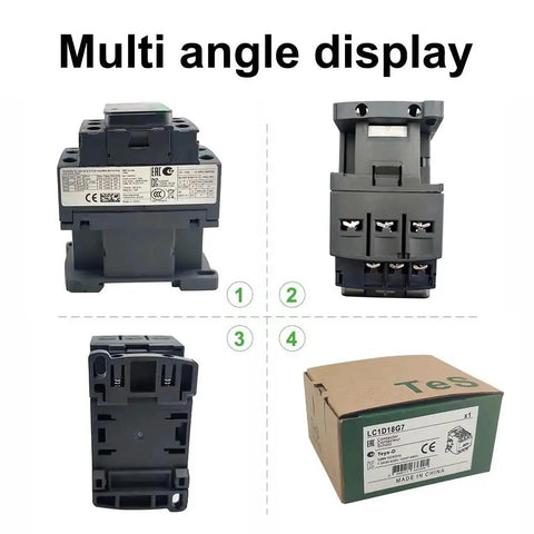Multi angle display of 3 Pole Non-Reversing Contactor, 18A, 120 VAC Coil, 1 NO 1 NC Auxiliary Contacts for heavy load motors and equipment