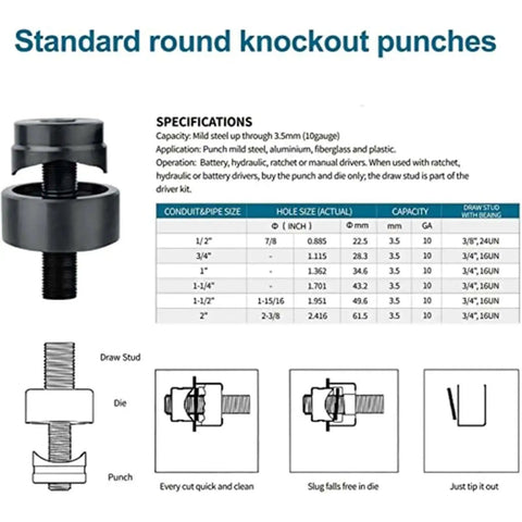 Specifications for Portable Hydraulic Knockout Hole Punch Driver Kit with diagrams of punch and draw stud.
