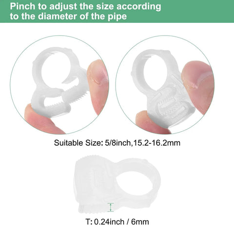Ten Pack Double Gripping Nylon Hose Clamps Five Eighths Inch Adjustable Ratcheting Clamps with Double Snap Grip, white, shown in hand for size adjustment.