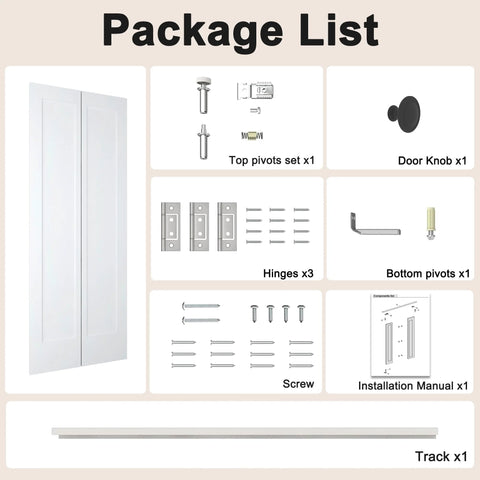Package list for 36 Inch By 80 Inch Bifold Barn Door With Hardware Kit White Primed Single Panel Shaker Style Interior Door.