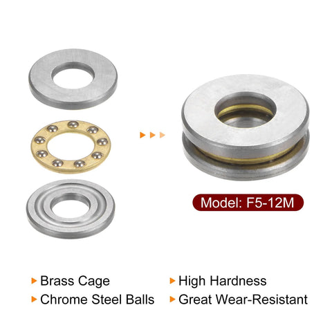 HARFINGTON F5-12M miniature thrust bearings, 4 pcs with brass cage and chrome steel balls, 5mm bore, 12mm OD