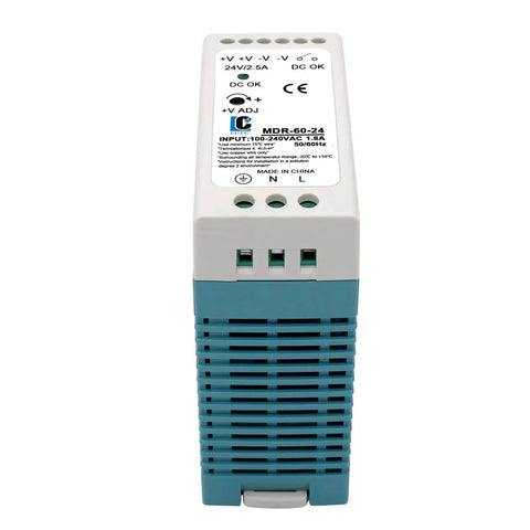 Rail Mount 24V DC Switching Power Supply, 60W, Quick Install, Plug And Play Ready, Input 100-240VAC, Output 24V DC At 2.5A, 50/60Hz