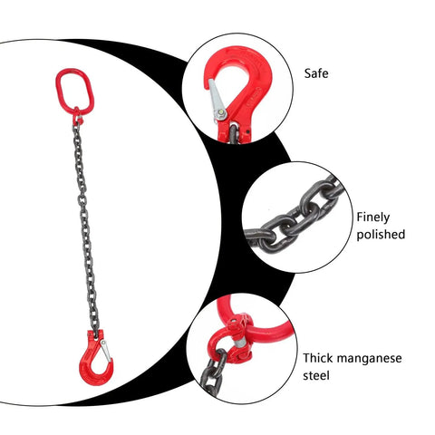 Red lifting chain sling with hooks on both ends, 49.21-inch length, manganese steel, polished links