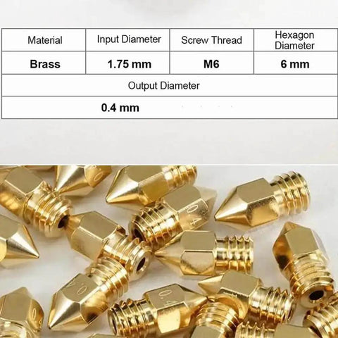 16Pcs 0.4mm MK8 Brass Ender 3 Nozzle Set For 3D Printers, includes size and thread specifications