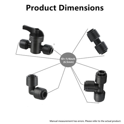 44-piece black plastic drip irrigation fittings kit for 1/4 inch tubing with shut-off valve and end plugs