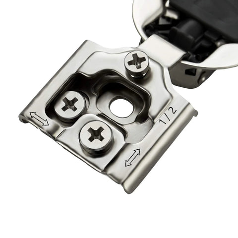 Concealed cabinet hinge plate, 1/2 inch overlay, satin nickel finish, two screws