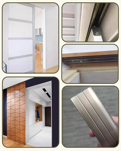 Collage of 11Ft Bypass Sliding Barn Door Hardware Kit for Two Doors, Dual Track, in various installation settings and close-up views.