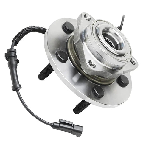 Close-up of a front wheel bearing hub from Two Front Wheel Bearing Hubs Assembly Kit For 2009 2011 Dodge Ram 1500 Replacement Pair Fits 2010 Models Includes Five Lug Three Bolt Triang Flange Bearings For A Smooth Quiet Ride with attached sensor wire.