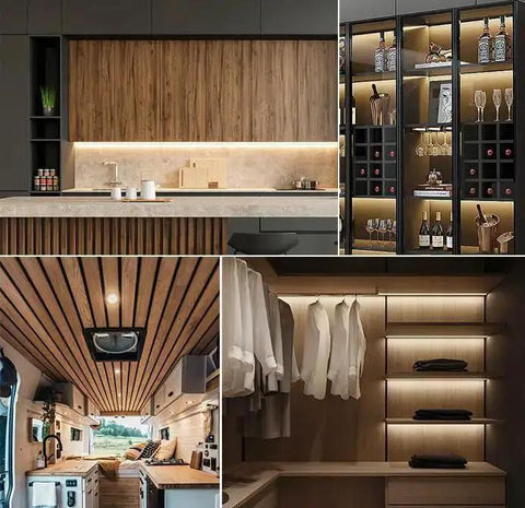 Modern cabinets, RV interior, and wardrobes lit by Hidden 12V Dimmer Switch With Touch Sensor Through Wood Panel For RVs Cabinets Wardrobes.