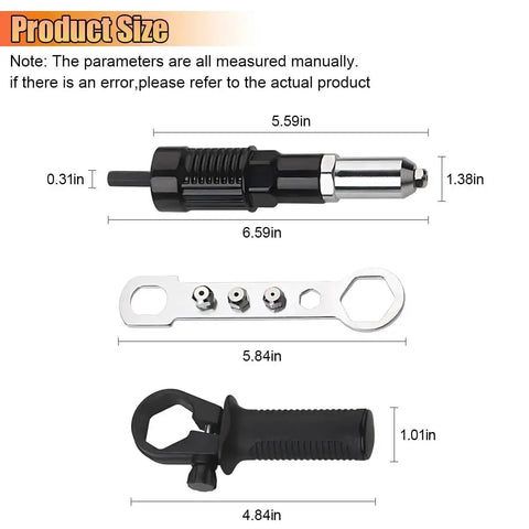 Cordless Pop Rivet Gun Adapter Kit With Four Rivet Heads 2.4mm 3.2mm 4.0mm 4.8mm For Quick On Demand Riveting And A Tough Aluminum Alloy Head Durable Nut Tool Easy Pop Riveter Insert showing product size and wrench with rivet heads.