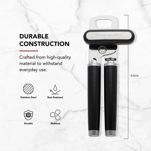 Multifunction Can Opener And Bottle Opener For Easy Kitchen Use With Razor Sharp Stainless Steel Cutting Wheel And Soft Ergonomic Handles In Black