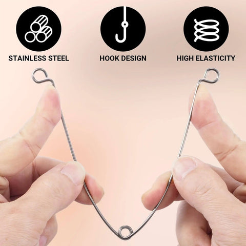 Hands holding a stainless steel 4 Pack Recessed Light Spring Clips, Silver Metal Torsion Clips Replacement For Bathroom Fan Covers.