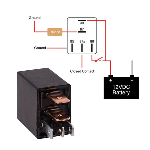 Heavy Duty 12V 30A SPDT 5 Pin Relay Kit Pack of 2 Multi Purpose Relays with diagram for automotive electrical projects.