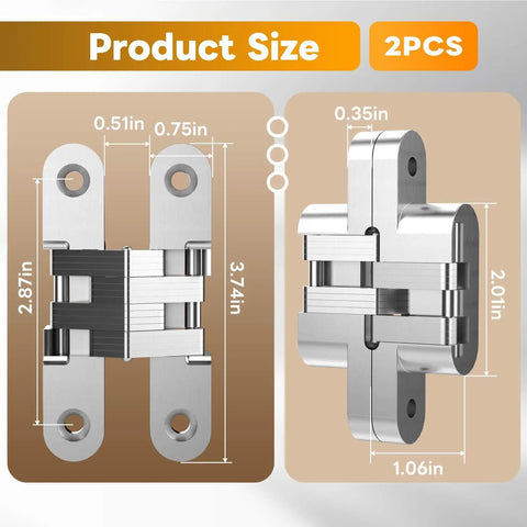 Invisible Cabinet Door Hinges 4 Pack Concealed 180 Degree Hinges for Frameless Cabinets with size dimensions detailed