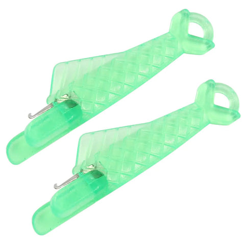10 Pack Fish Mouth Needle Threaders For Sewing Machines Hordion Self Threading Quick Loop Tool, two green threaders, side view