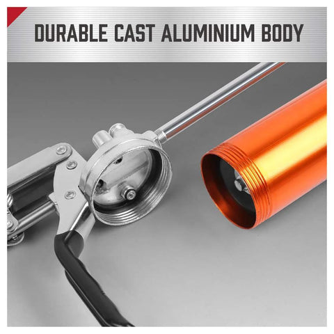 Grease gun, HORUSDY heavy-duty aluminum body with orange 14oz grease cartridge and an 18in hose.