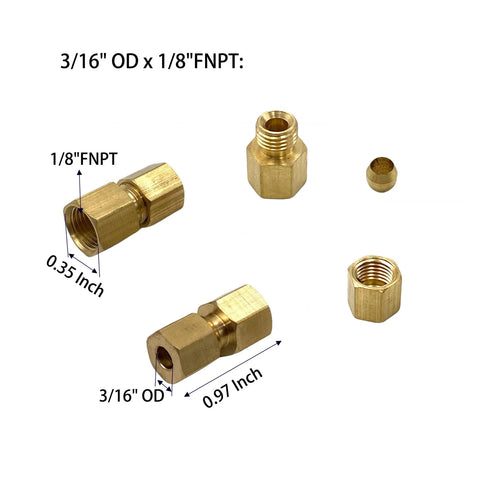 Brass compression tube fittings set, 1/8 FNPT to 3/16 OD, 6 pcs for oil, gas, non-potable water