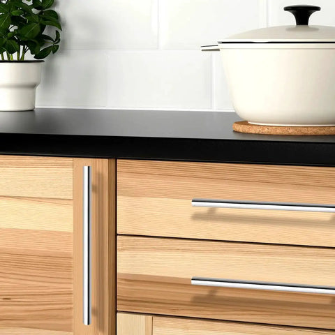 5 Pack Chrome Kitchen Cabinet Pulls Euro T Bar Handles on wood cabinets with polished chrome finish and 6.3 inch hole centers