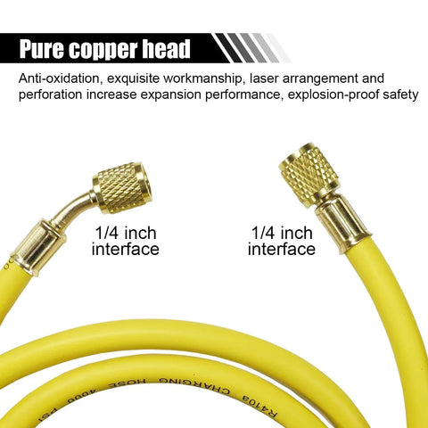 AC refrigerant charging hose, 60-inch yellow tube with 1/4-inch SAE flare brass fittings for HVAC