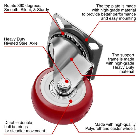 8 Pack Swivel Plate Casters With Red Polyurethane Wheels 2 Inch Diameter Plate 50mm Hole Center 33mm Locking Brakes Optional Durable Heavy Duty Casters For Furniture Tools Equipment And Mobile Carts, featuring detailed parts.