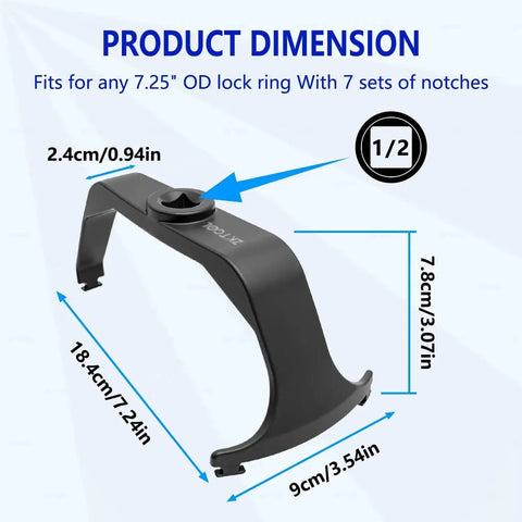 6599 Fuel Tank Lock Ring Tool dimensions showing ergonomic design in phosphate-coated steel with lock ring fitment