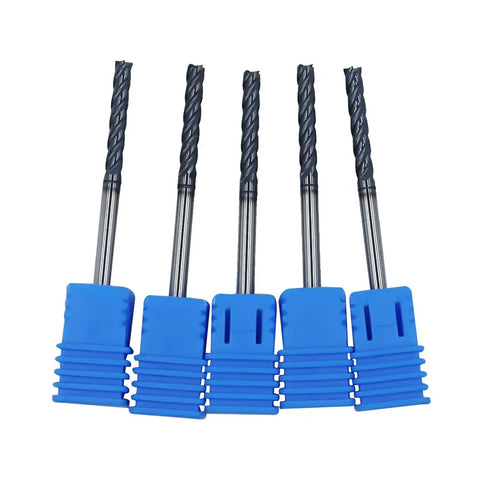 Five Pack One Eighth Inch Solid Carbide Long End Mills, Four Flute, Thirty Degree Helix, AlTiN Coated, in blue holders, front view