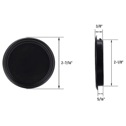 Front and side view of 4 Pack Closet Door Finger Pulls 2 1 8 Inch Black Round Insert Door Handle for Sliding Barn Doors, stamped steel dimensions shown.