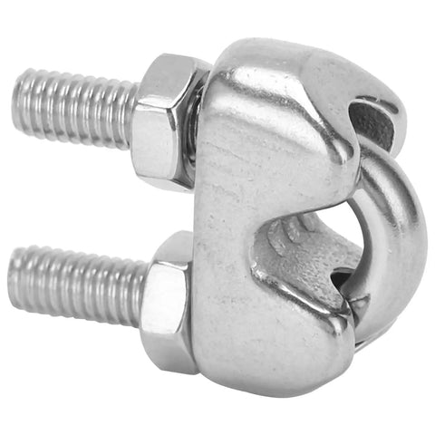 Close-up of stainless steel wire rope clip M4 U bolt saddle fastener for boating, sailing, marine and outdoor activities.