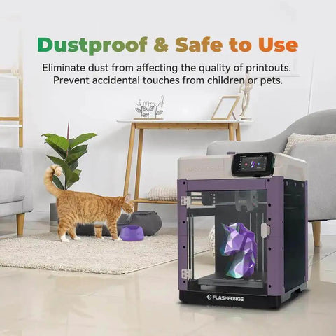Room setup showing AD5M 3D Printer Enclosure Dustproof Protective Cover, constant temperature, quiet printing for ABS, ASA, PC filaments.