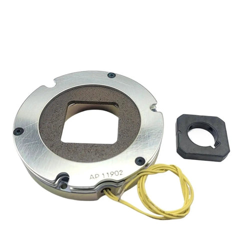 FPBIGCHA electromagnetic brake housing: circular metal frame with yellow wires and a black mounting adapter