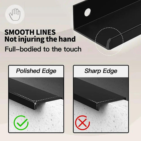 Comparison of polished and sharp edges on 5 Pack 80mm Edge Matte Black Hidden Drawer Cabinet Handles Aluminum Alloy Finger Pull.