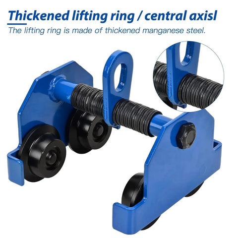 Heavy Duty I Beam Trolley With 4400 Lbs Capacity For Push Operation On Standard Or Wide Flange I Beams showing thickened lifting ring