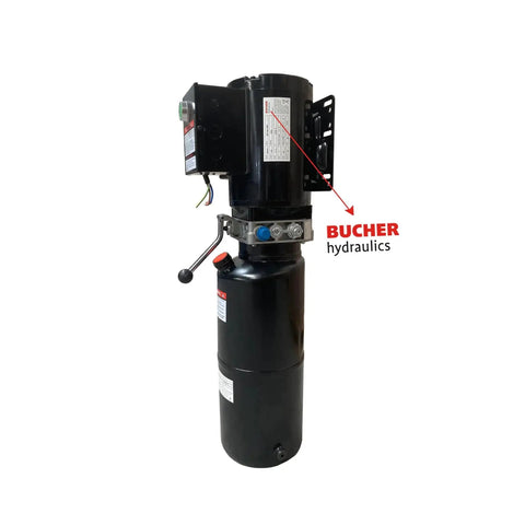 Black hydraulic power unit for a two-post car lift; top-mounted motor, Bucher hydraulics branding.