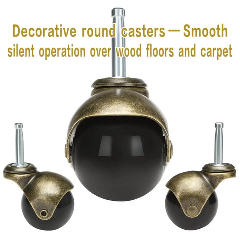 2 Inch Antique Brass Casters Set Of 4 Heavy Duty Ball Caster Wheels With Sleeve Plugs shown in front and side views
