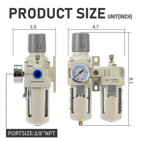 LNCHKA FRL air regulator filter unit with gauge, 3/8" NPT oil-water separator, semi-auto drain; dual units