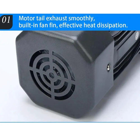 Back view of Beefy Torque 110V 6W Electric Single Phase Gear Motor with variable speed controller showing fan cooling system.